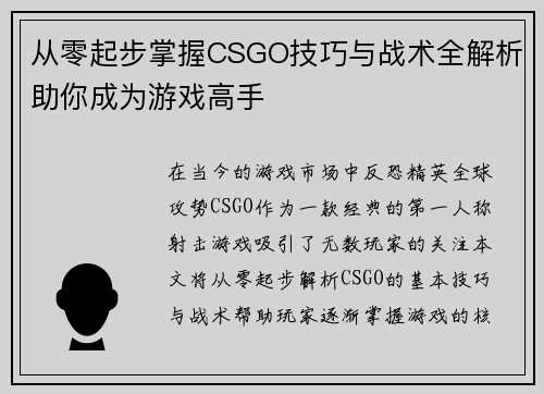 从零起步掌握CSGO技巧与战术全解析助你成为游戏高手